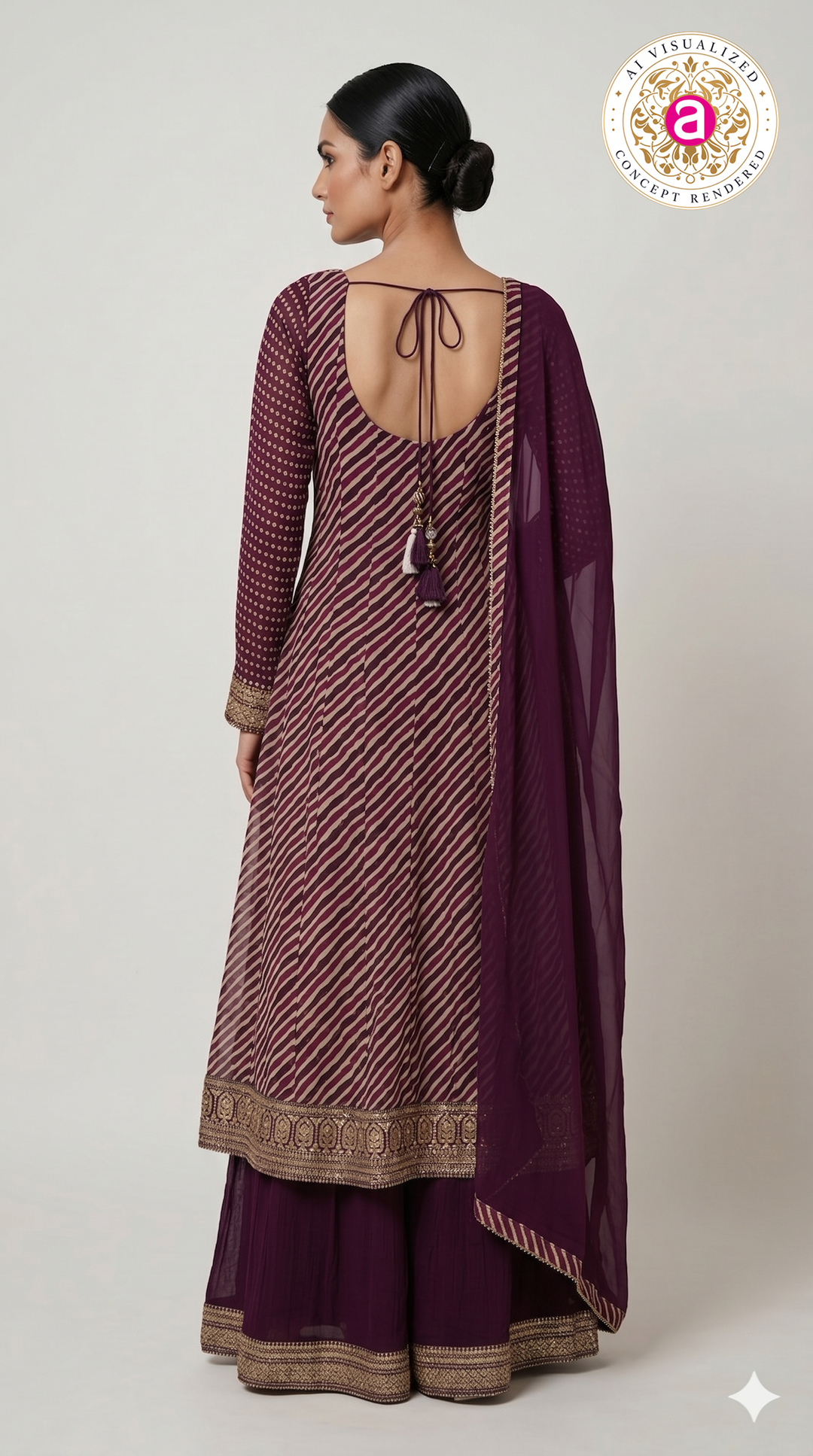 Royal Plum Leheriya Anarkali Kurta Set with Palazzo & Chiffon Dupatta