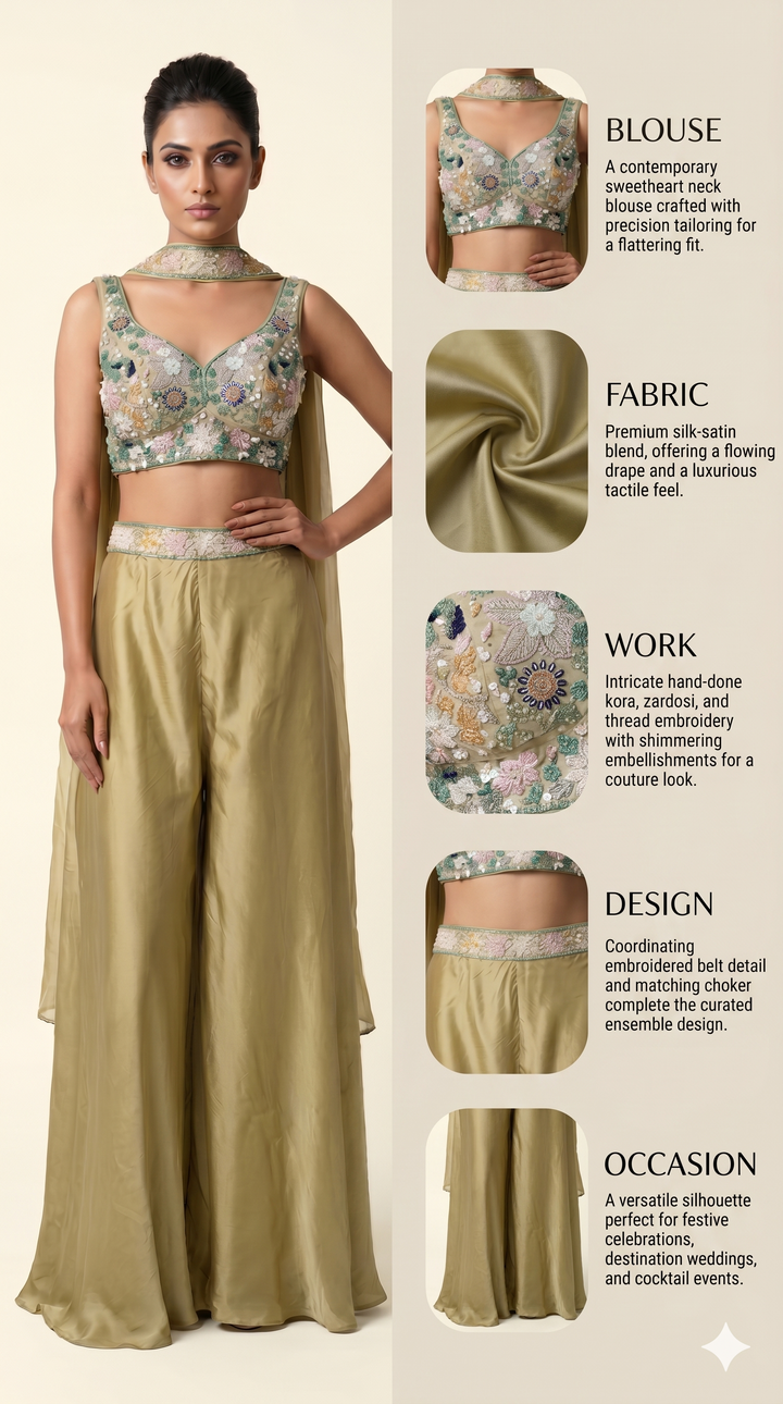 Sage Gold Embroidered Crop Top with Palazzo Pants & Cape Dupatta Set