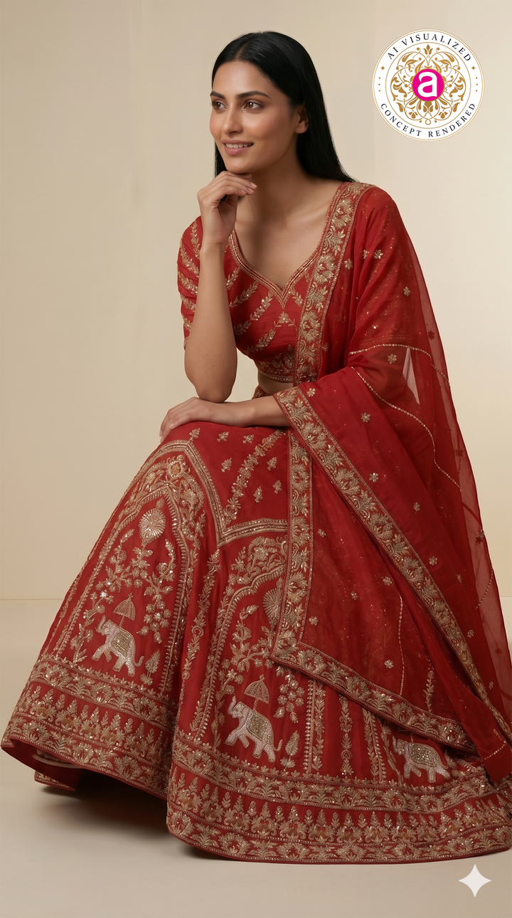 Royal Red Bridal Lehenga Set with Heritage Zari Embroidery & Elephant Motif Border