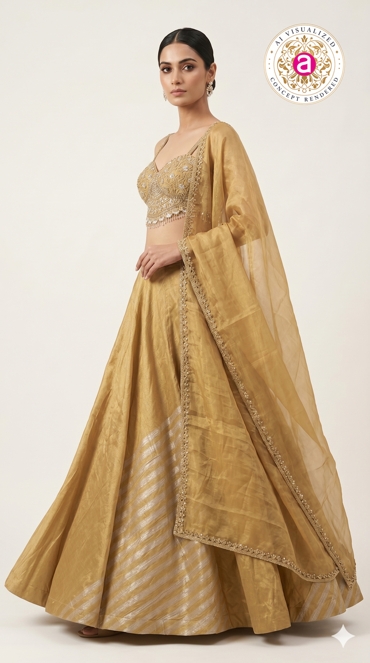 Golden Silk Lehenga Choli with Embellished Bustier & Sheer Dupatta
