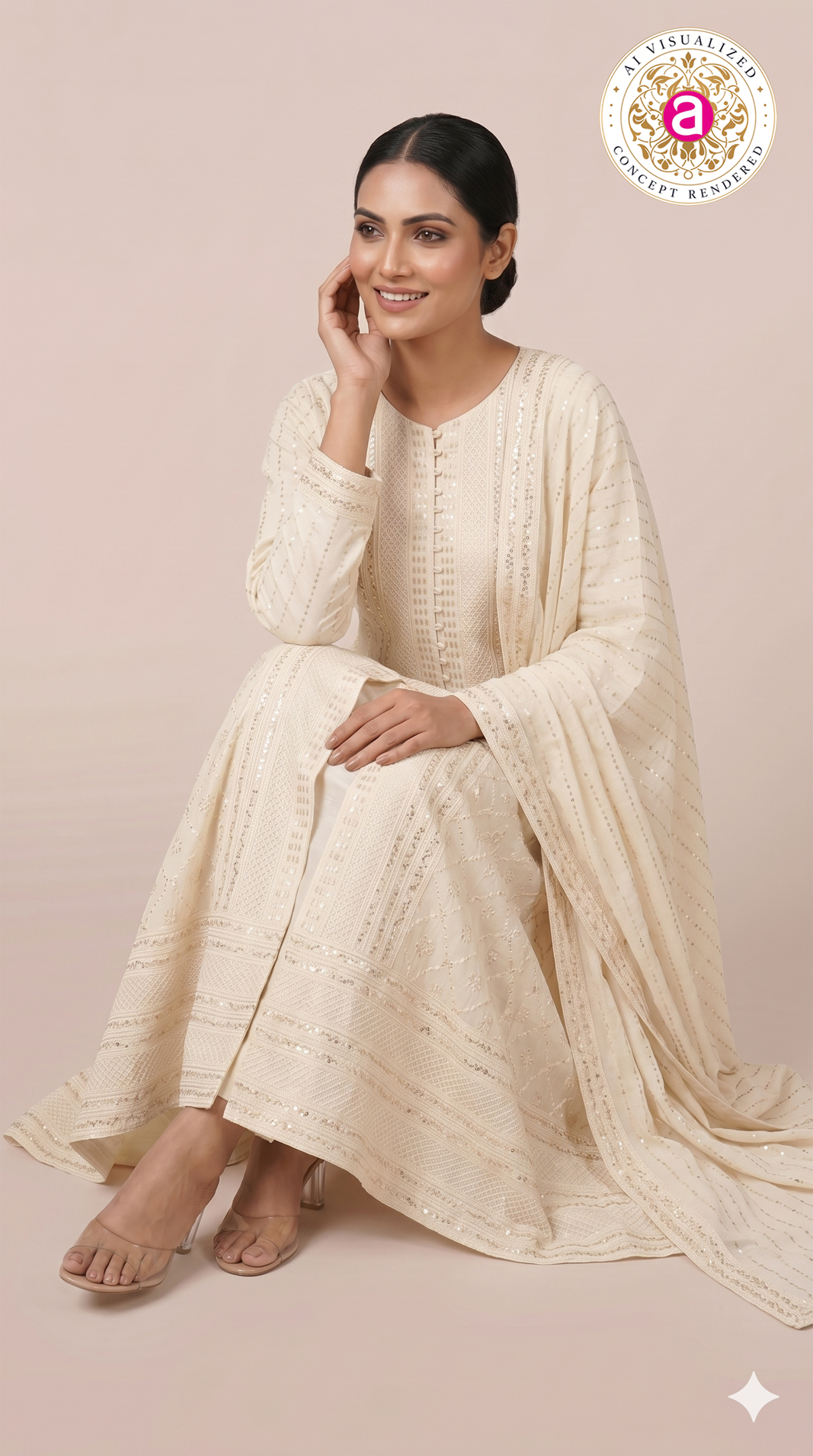 Ivory White Embroidered Straight Kurta Set with Dupatta