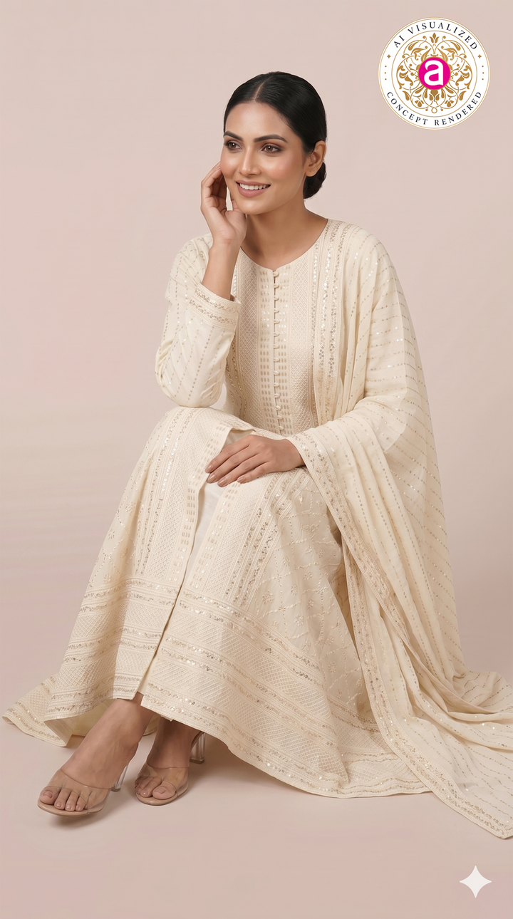 Ivory White Embroidered Straight Kurta Set with Dupatta
