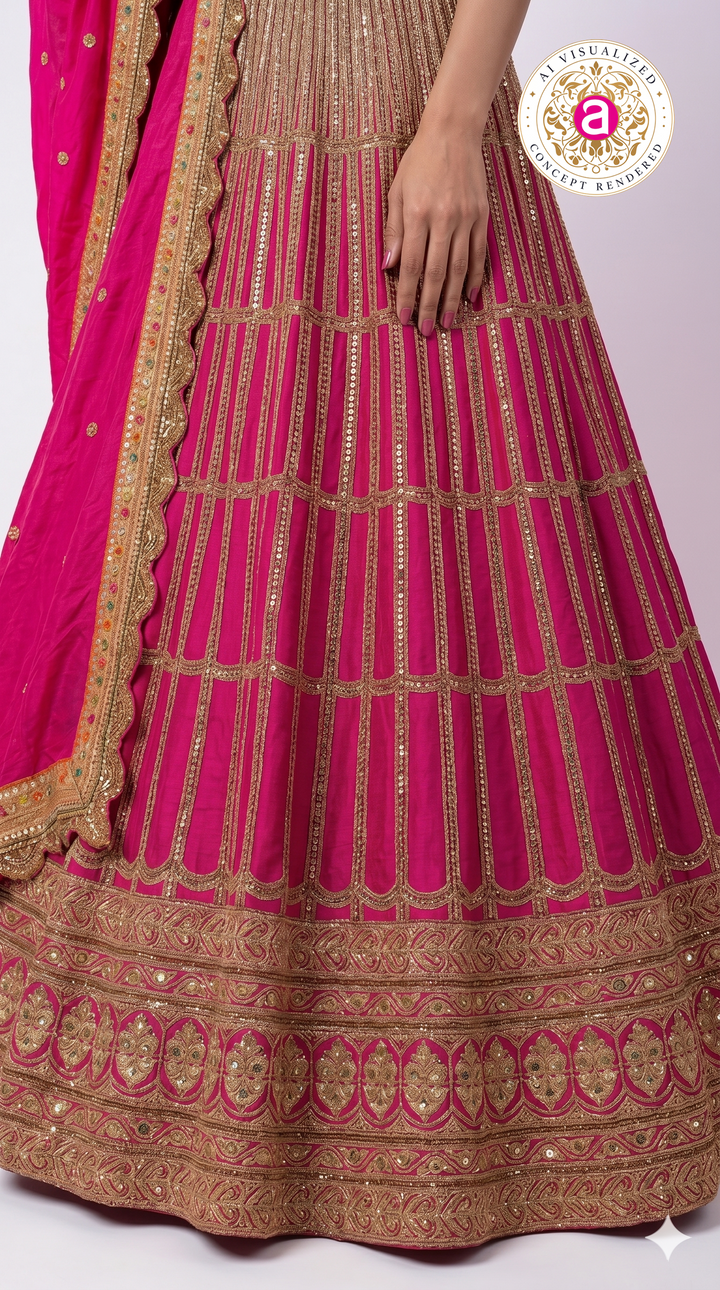 Rani Pink Embroidered Lehenga Choli with Zari Work & Dupatta