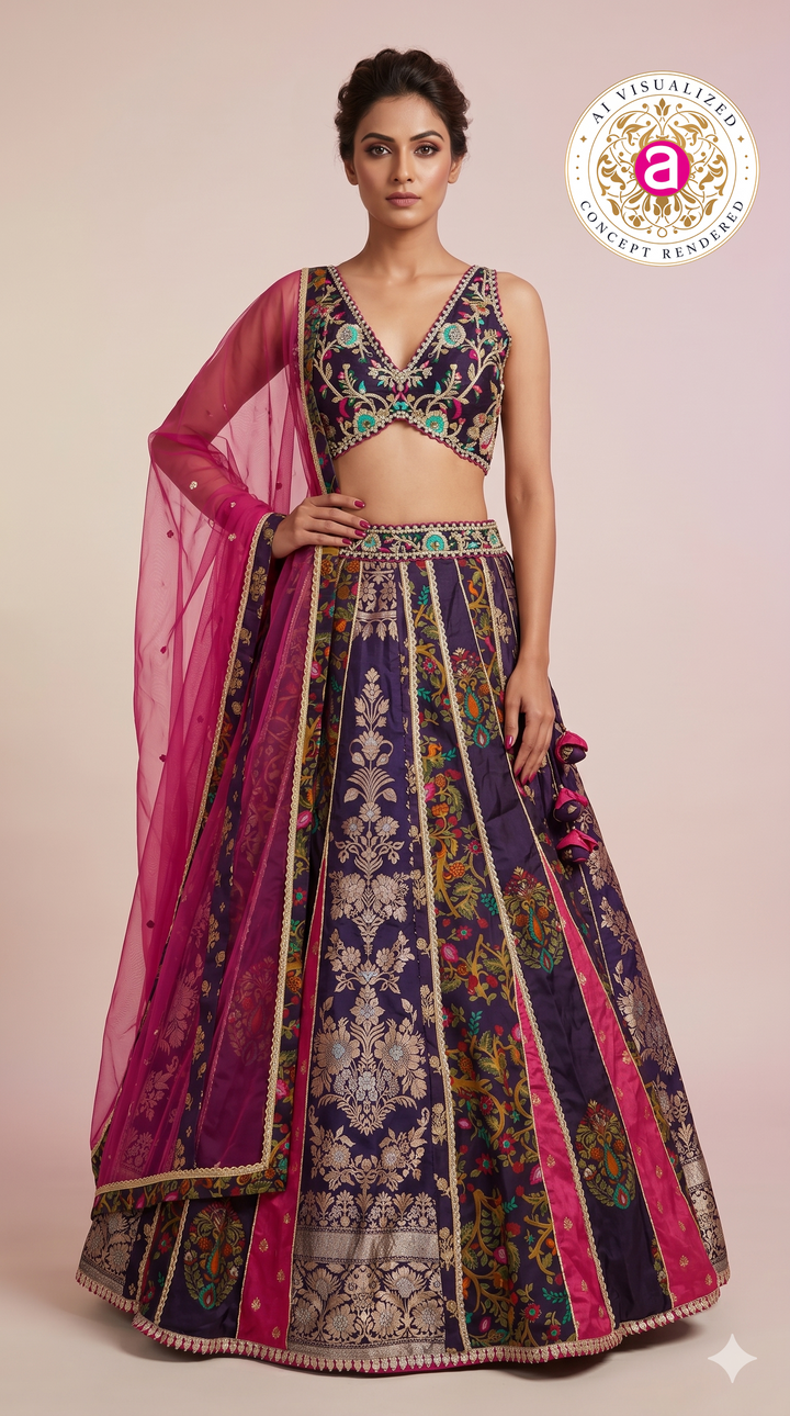 Royal Purple Multicolour Panelled Designer Lehenga Choli with Embroidered Blouse
