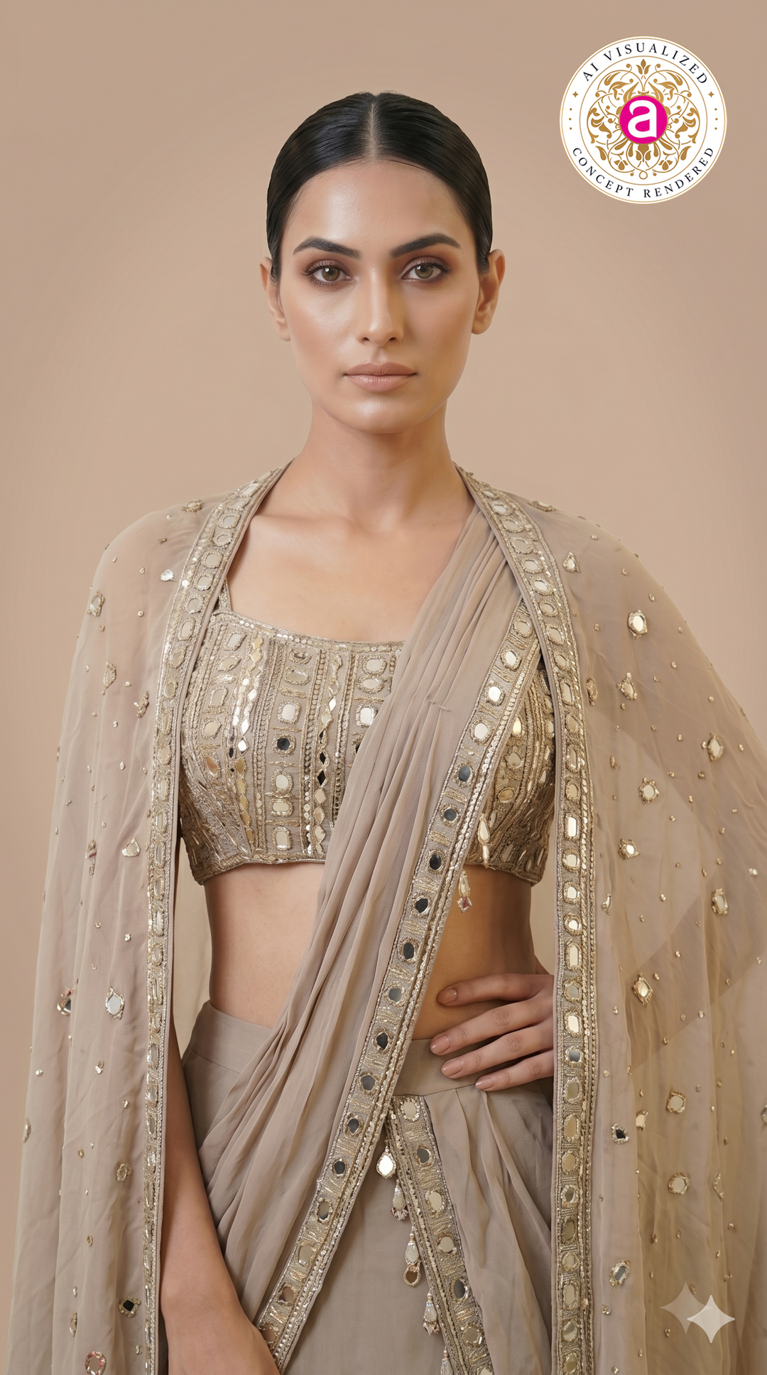 Taupe Mirror Embellished Ready-to-Wear Saree with Cape Dupatta