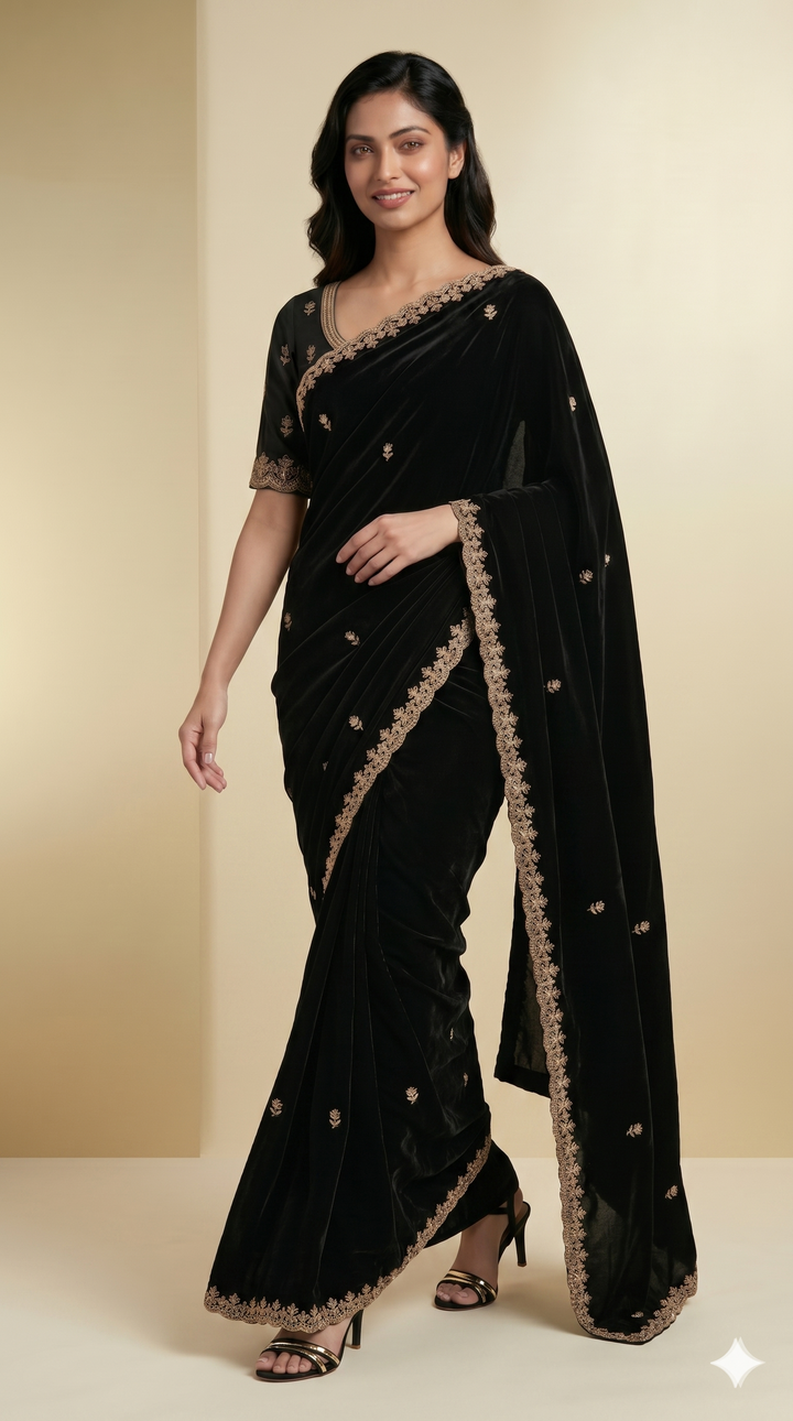 Black Pure Chinon Handwork Saree with Zardosi, Beads & Pearl Work