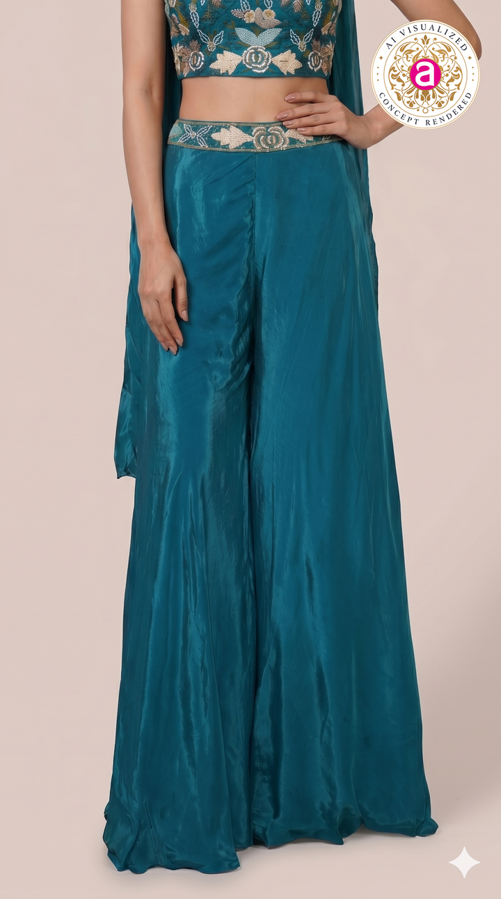 Teal Blue Embroidered Crop Top with Palazzo Pants & Cape Dupatta Set