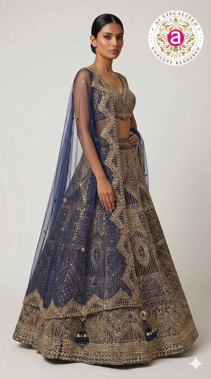 Royal Navy Blue Heavy Embroidered Designer Lehenga Choli with Net Dupatta