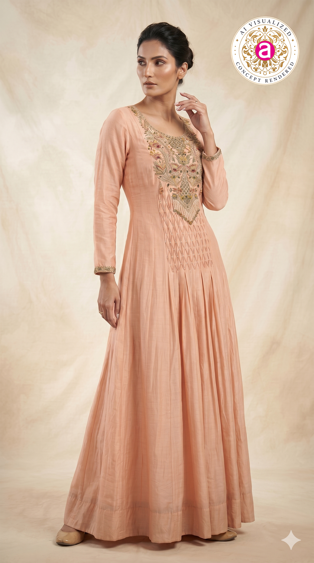 Peach Floral Embroidered Anarkali Gown