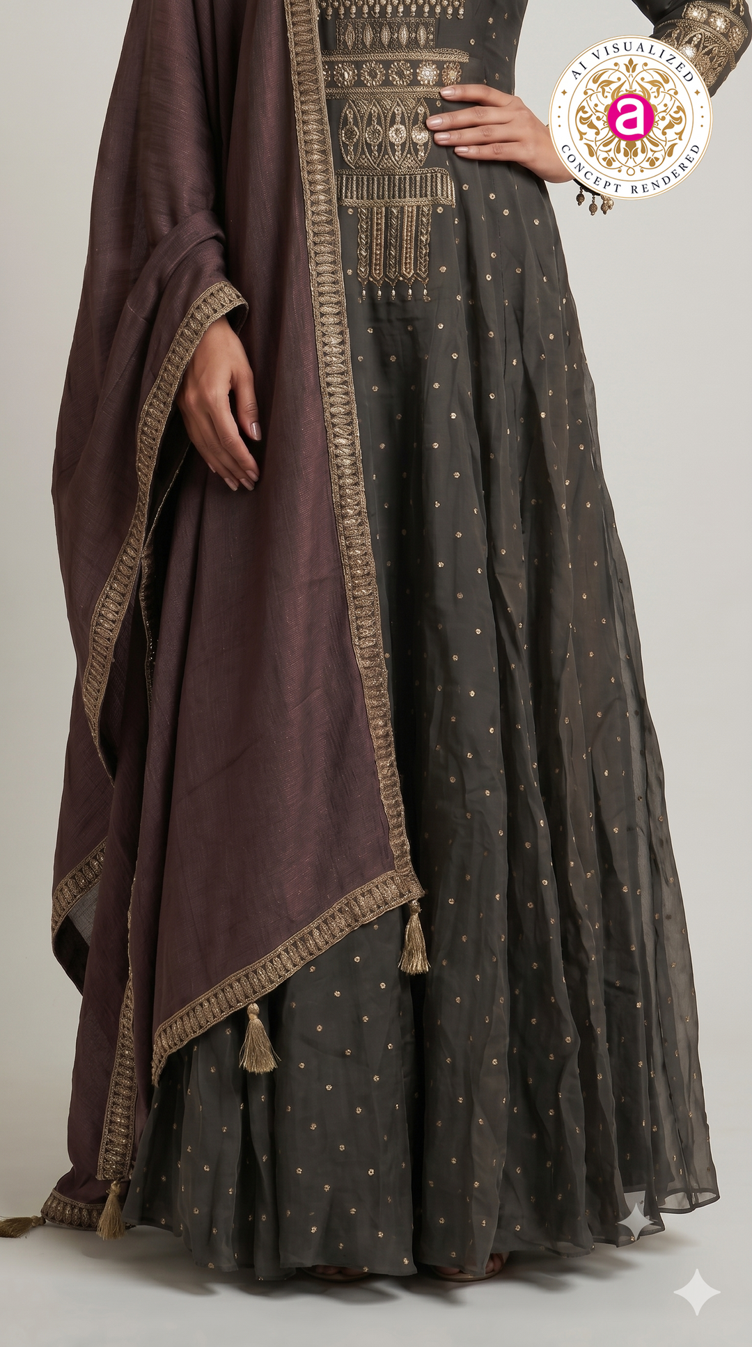 Charcoal Grey Embroidered Anarkali Suit Set with Wine Dupatta