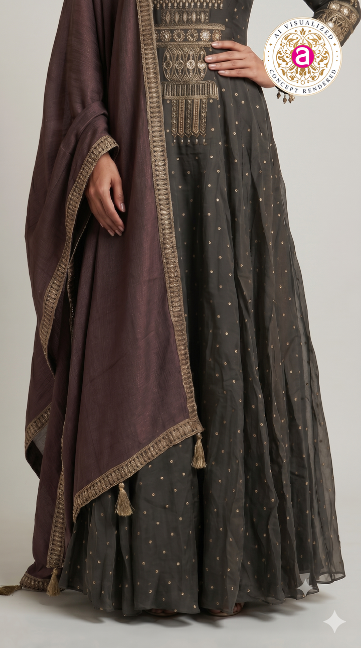 Charcoal Grey Embroidered Anarkali Suit Set with Wine Dupatta