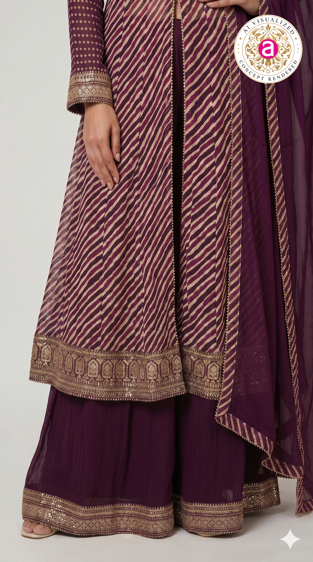 Royal Plum Leheriya Anarkali Kurta Set with Palazzo & Chiffon Dupatta