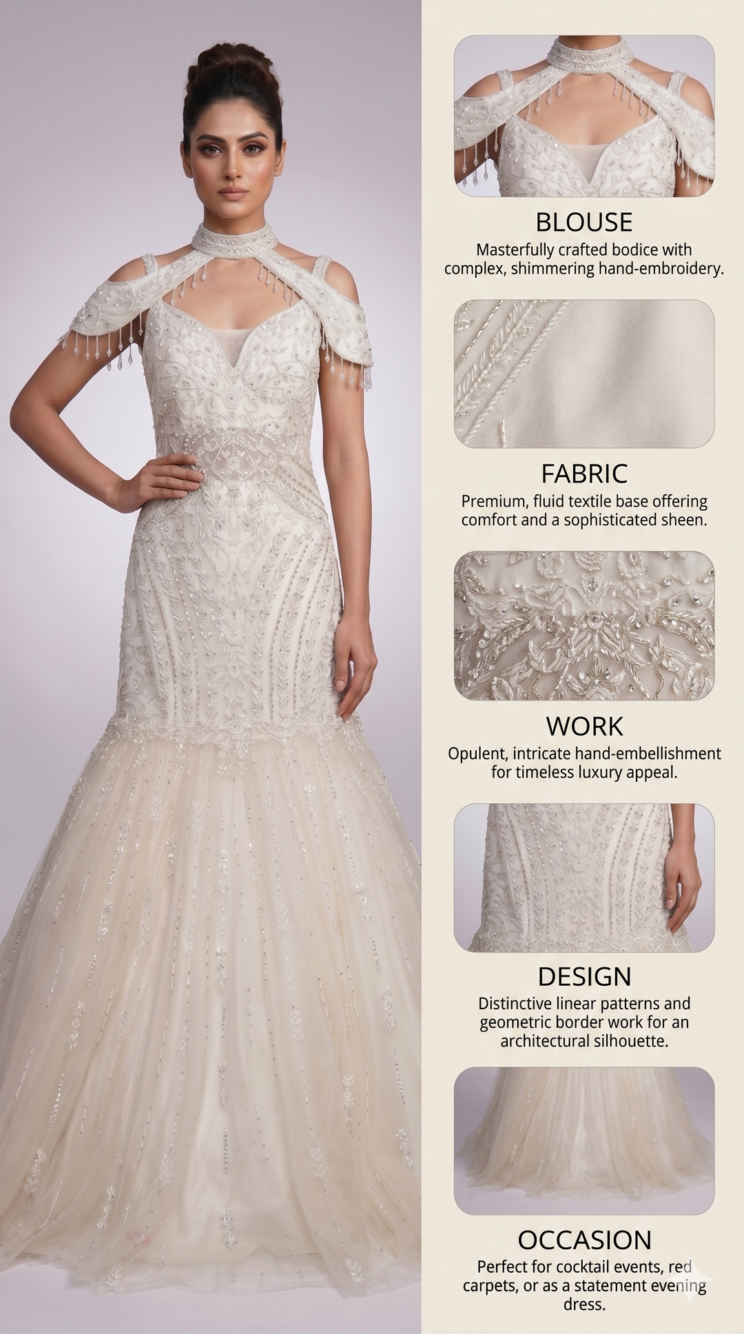 Ivory Pearl Embellished Mermaid Gown with Cold-Shoulder Cape Sleeves