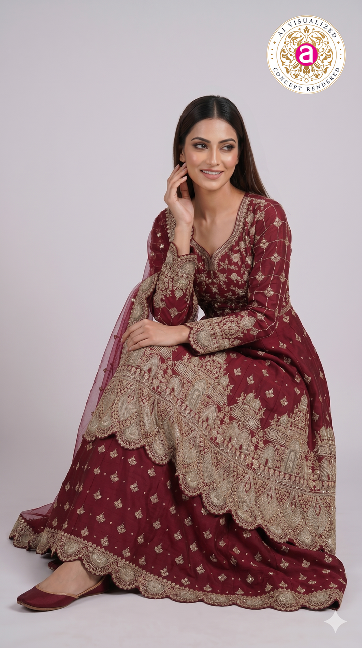 Wine Maroon Embroidered Anarkali Gown Set with Net Dupatta