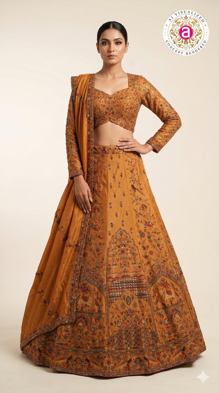 Mustard Yellow Embroidered Lehenga Set with Full Sleeve Designer Blouse & Dupatta