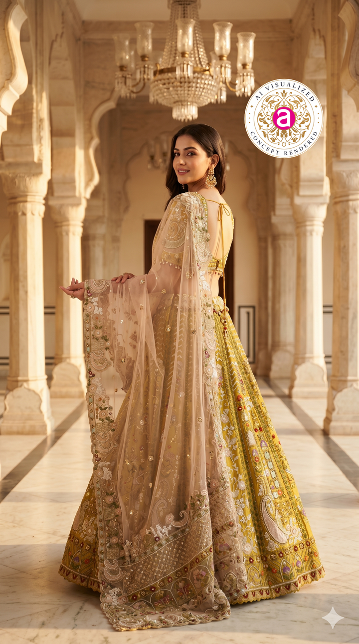 Mustard Yellow Designer Lehenga Set with Embroidered Blouse and Net Dupatta