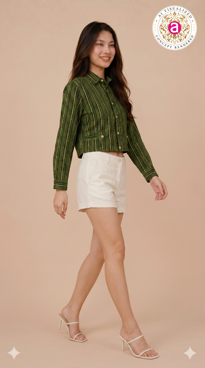 Olive Green Striped Crop Shirt Top