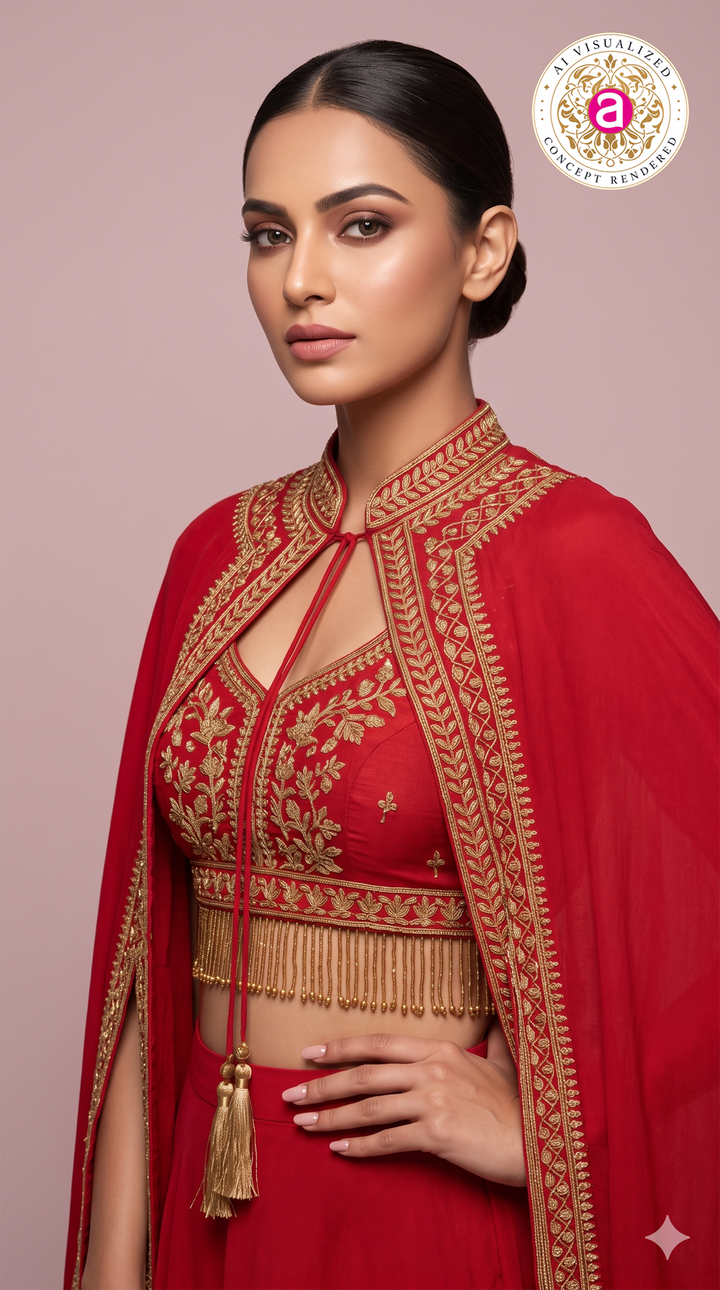 Crimson Red Palazzo Set with Embroidered Cape