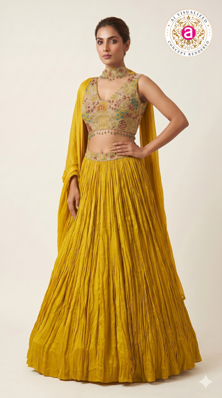 Sunshine Yellow Crushed Silk Festive Lehenga Set