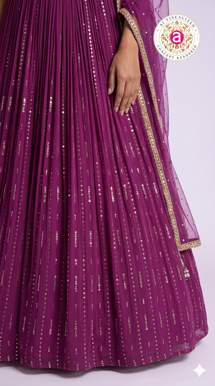 Deep Wine Pleated Lehenga Choli with Embellished Cross Blouse & Sheer Dupatta