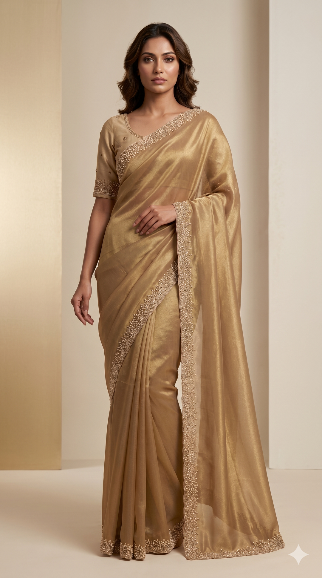 Champagne Gold Embroidered Designer Saree