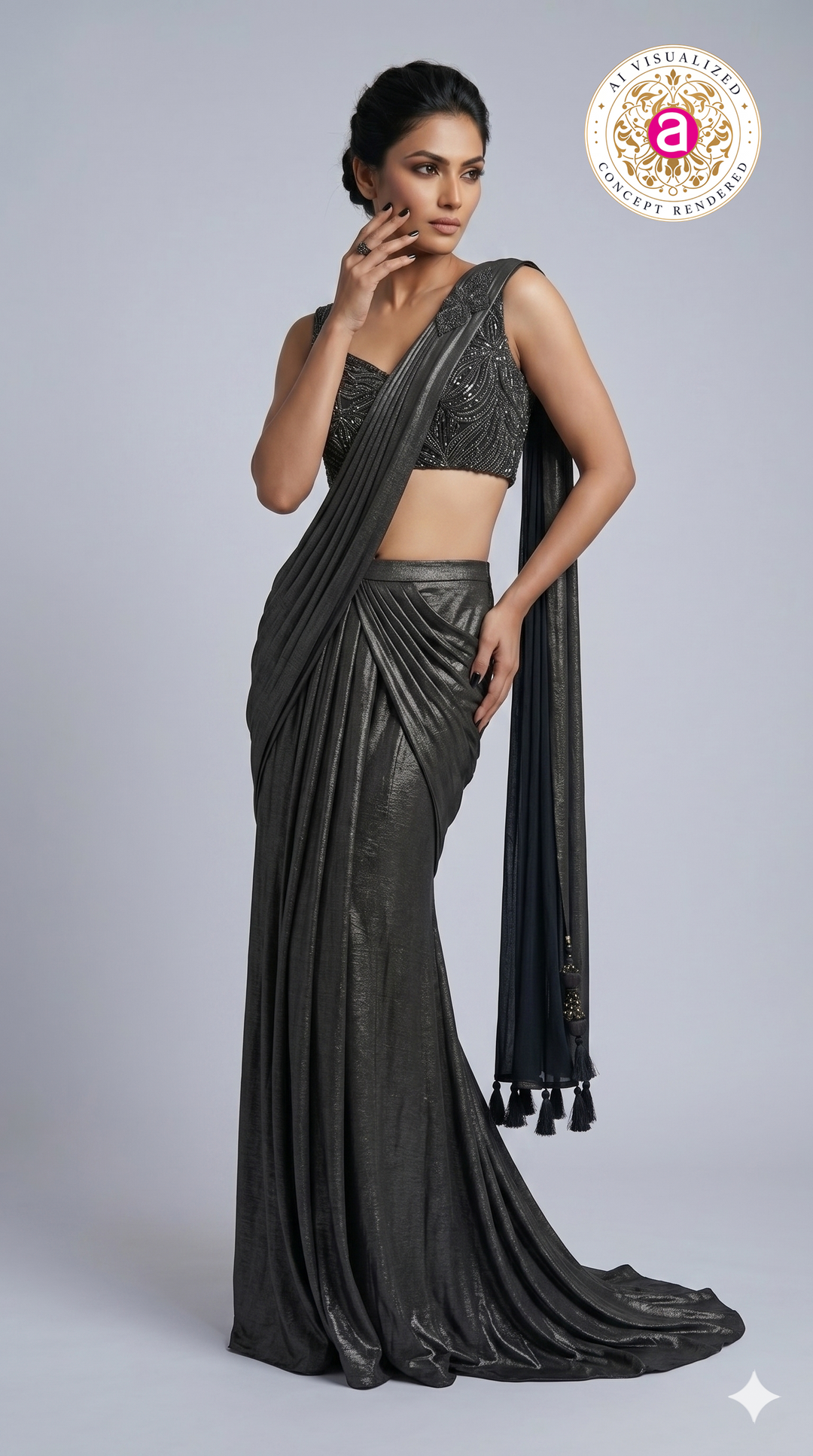 Midnight Black Ready-to-Wear Saree with Embellished Designer Blouse & Draped Pleats
