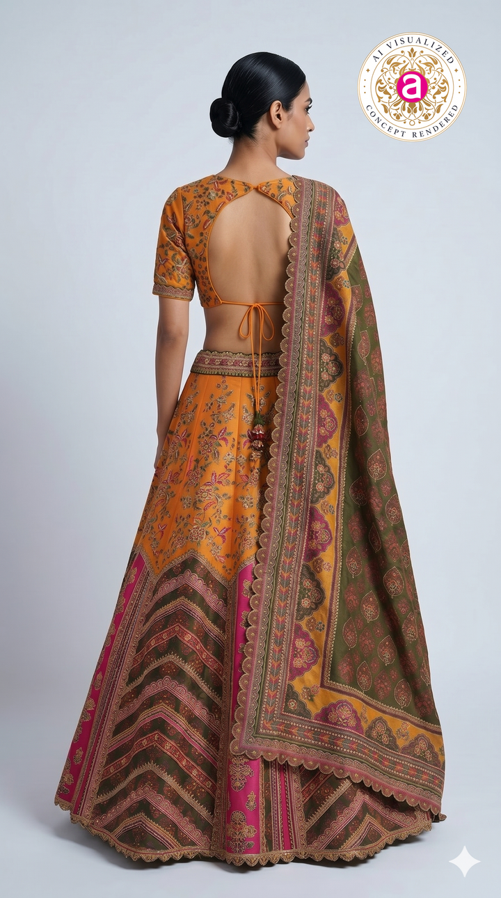Rust Orange Printed Lehenga Choli with Traditional Border Dupatta