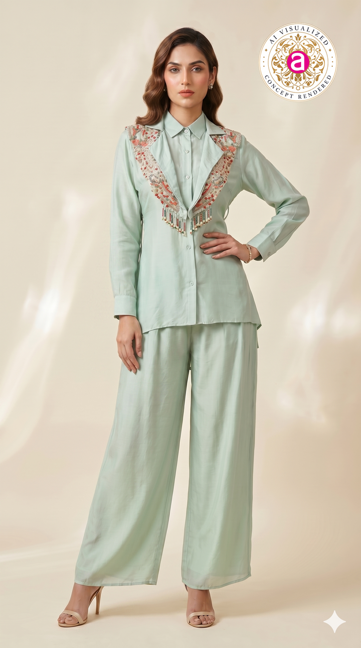 Mint Green Embellished Collar Co-ord Set