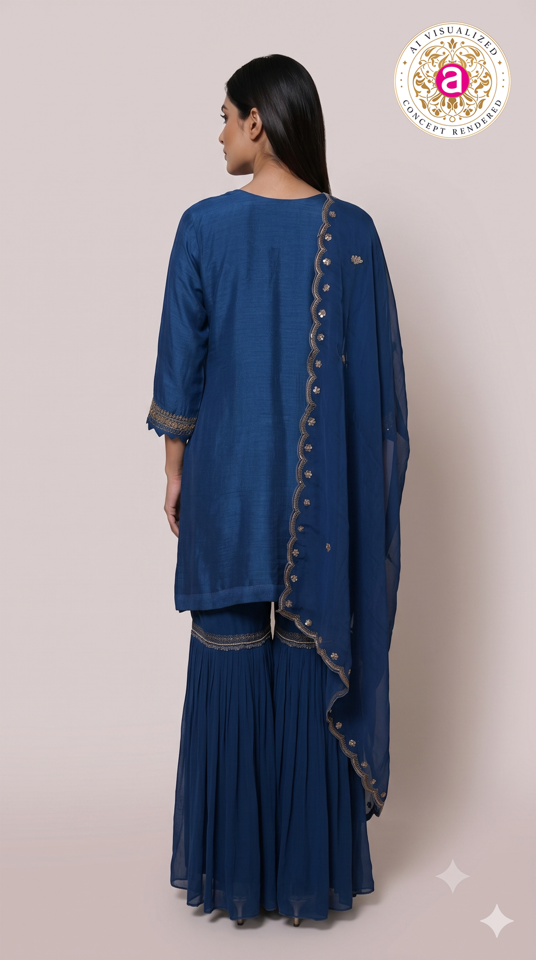 Royal Blue Embroidered Kurta Sharara Set with Dupatta