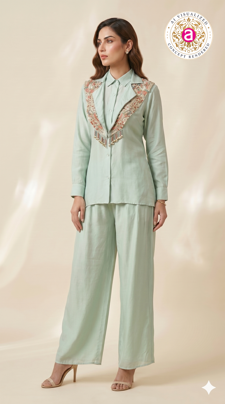 Mint Green Embellished Collar Co-ord Set
