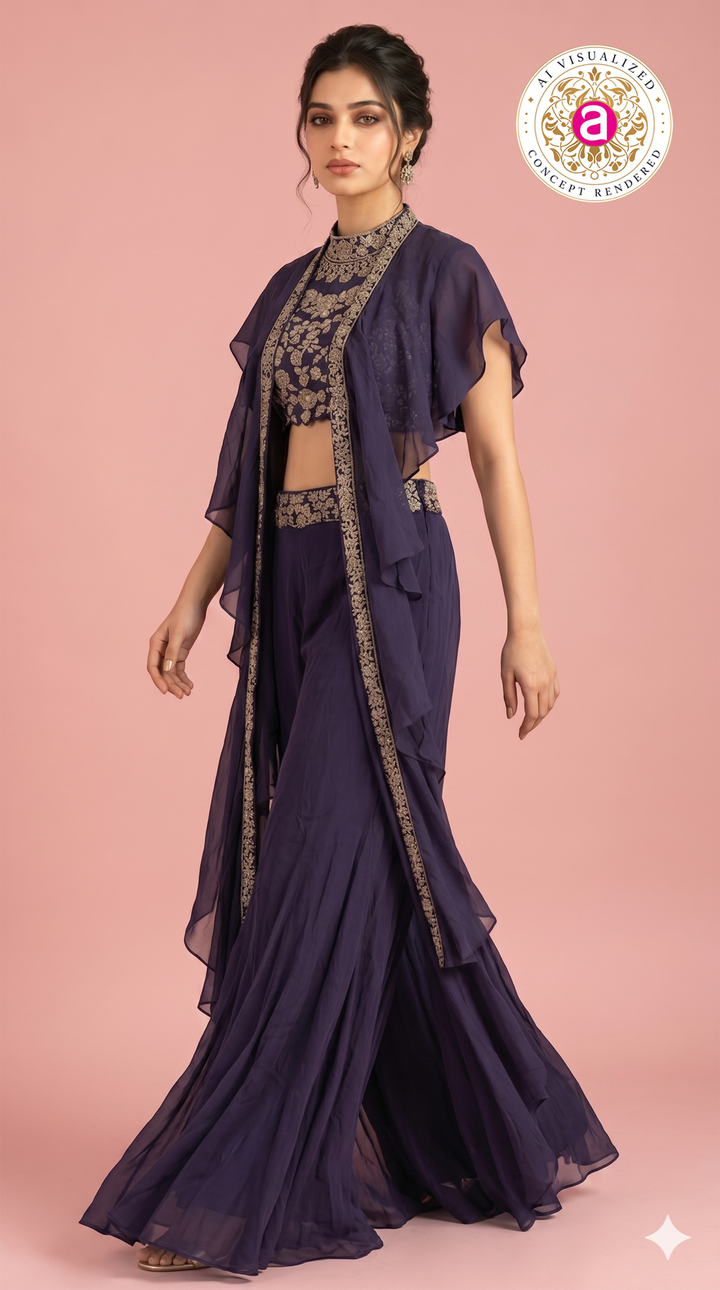 Purple Handwork Palazzo Set with Ruffle Cape Jacket