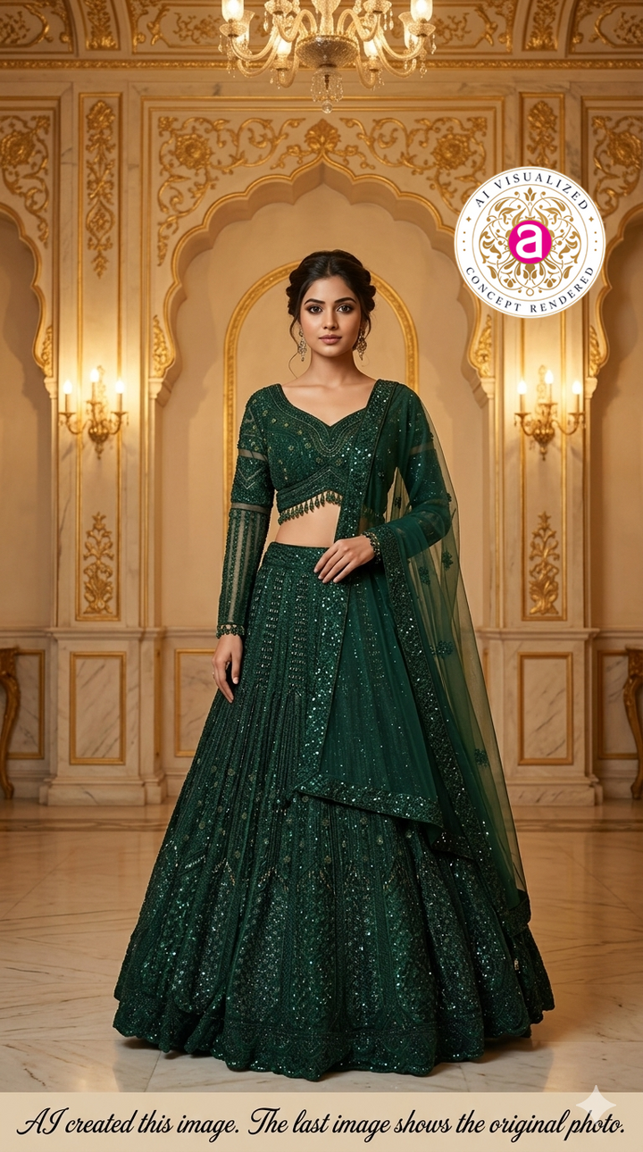 Emerald Green Designer Lehenga Set with Sequins Embellished Blouse and Net Dupatta
