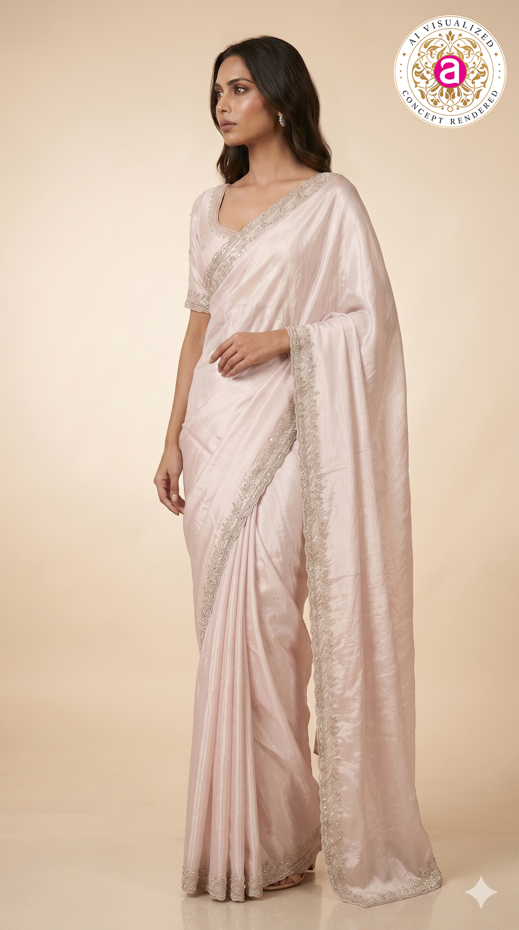 Blush Pink Hand-Embellished Designer Saree with Mirror Work Border