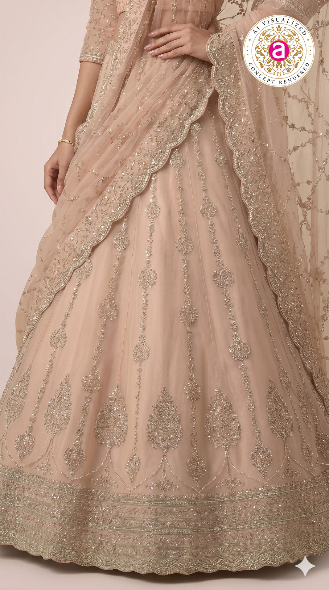 Blush Beige Designer Lehenga Set with Heavy Sequin Embroidery & Net Dupatta