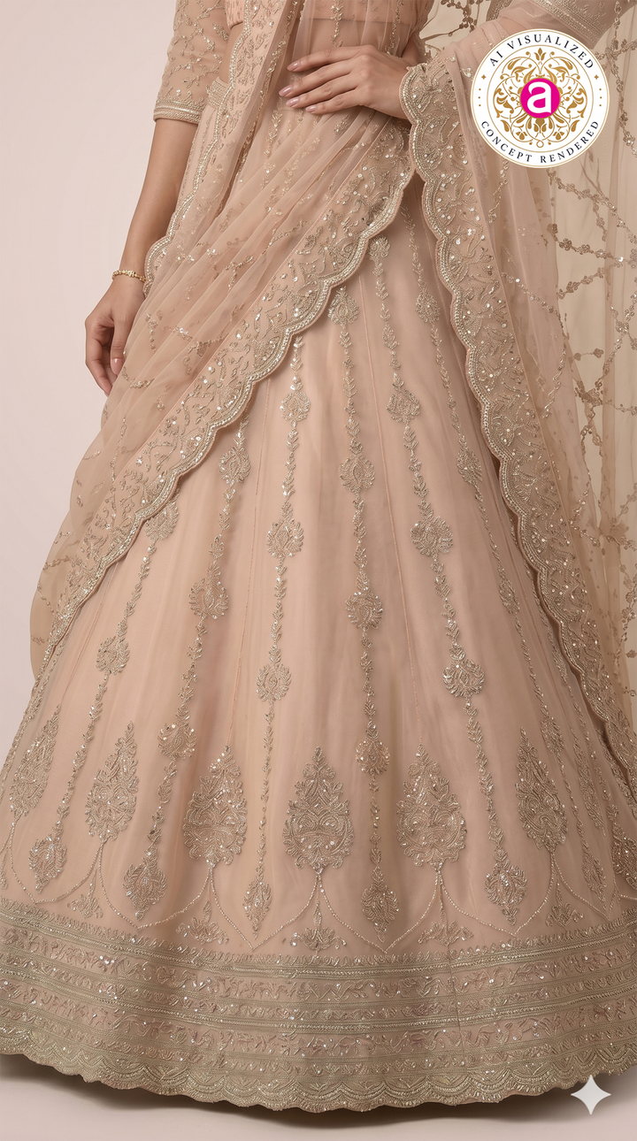 Blush Beige Designer Lehenga Set with Heavy Sequin Embroidery & Net Dupatta