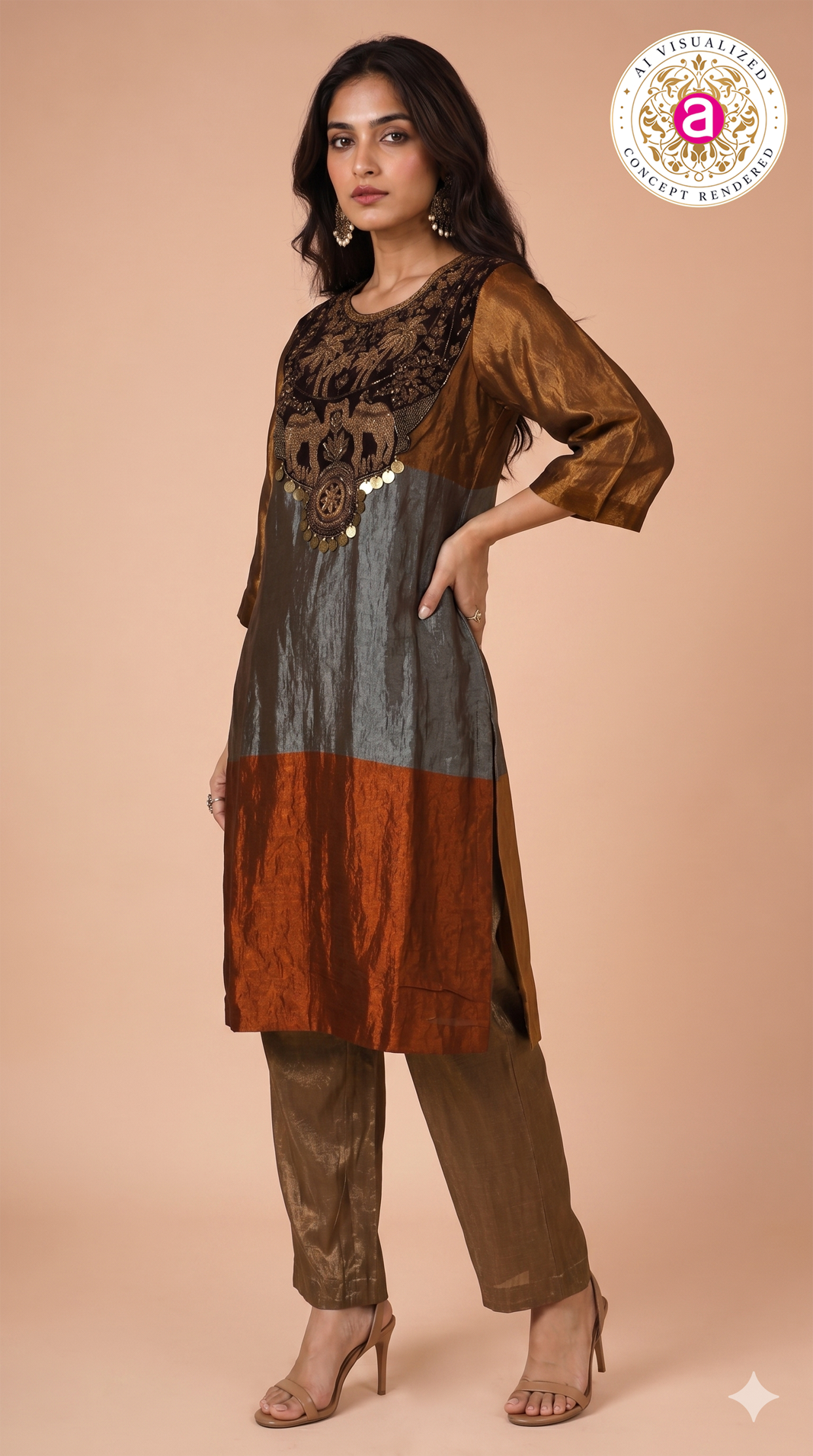 Rust Brown Embroidered Designer Kurta Pant Set