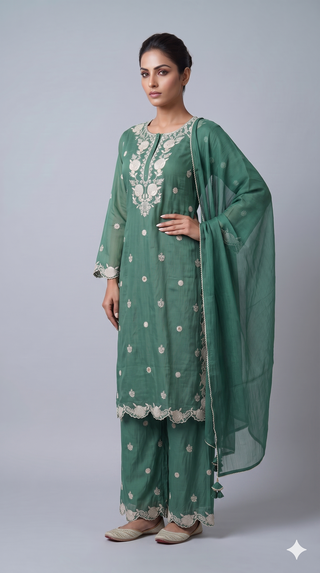 Sea Green Embroidered Kurta Palazzo Set with Dupatta
