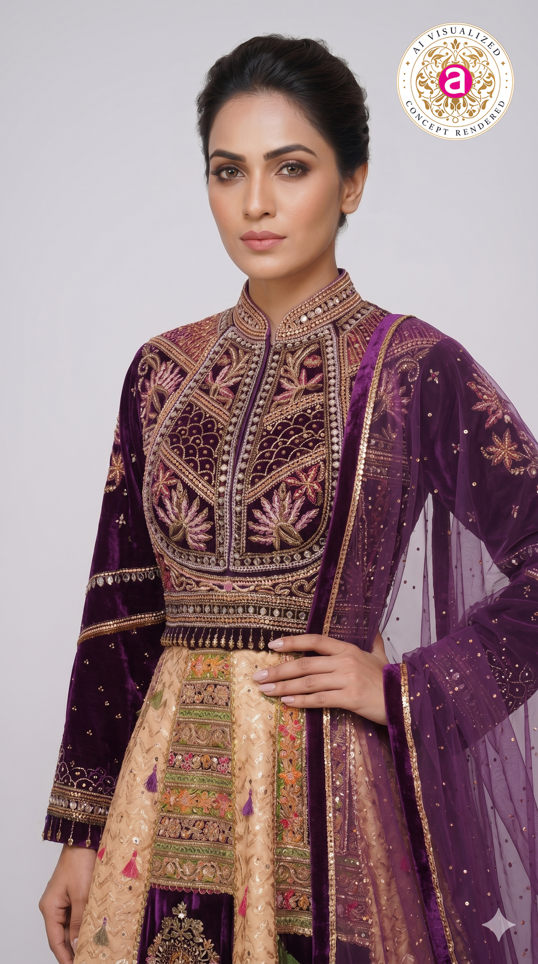 Royal Purple Velvet & Floral Panel Designer Lehenga Set with Embroidered Dupatta
