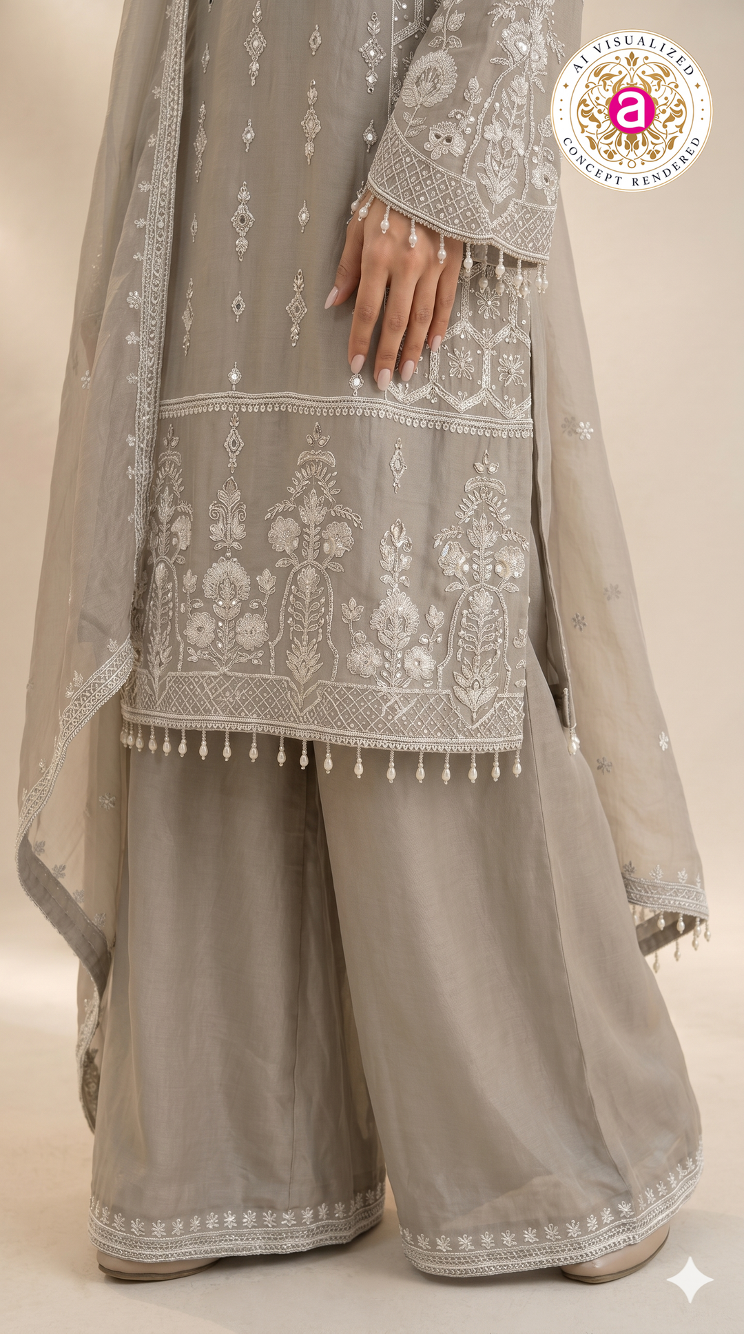 Dusty Grey Embroidered Kurta Palazzo Set with Dupatta