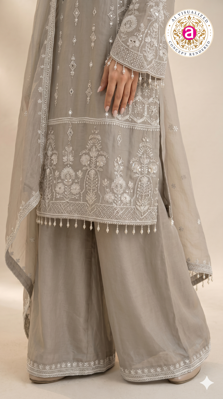 Dusty Grey Embroidered Kurta Palazzo Set with Dupatta