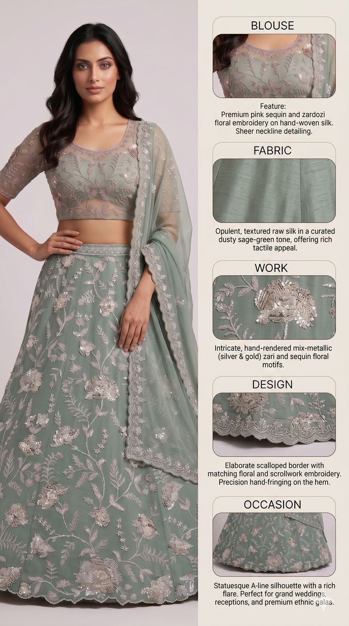 Sage Green Floral Embroidered Designer Lehenga Set with Net Dupatta