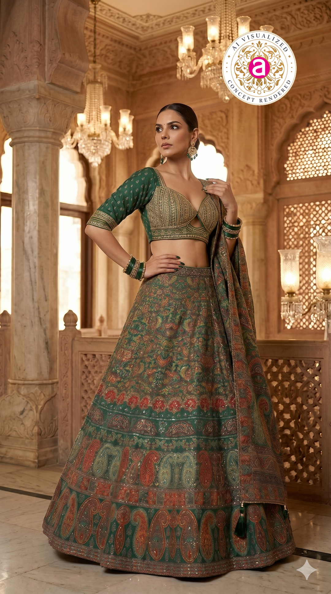 Emerald Green Paisley Printed Designer Lehenga Set with Embellished Blouse & Dupatta