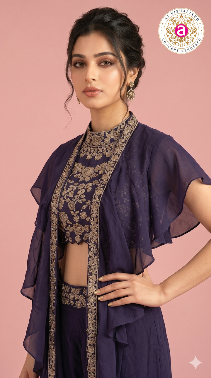Purple Handwork Palazzo Set with Ruffle Cape Jacket