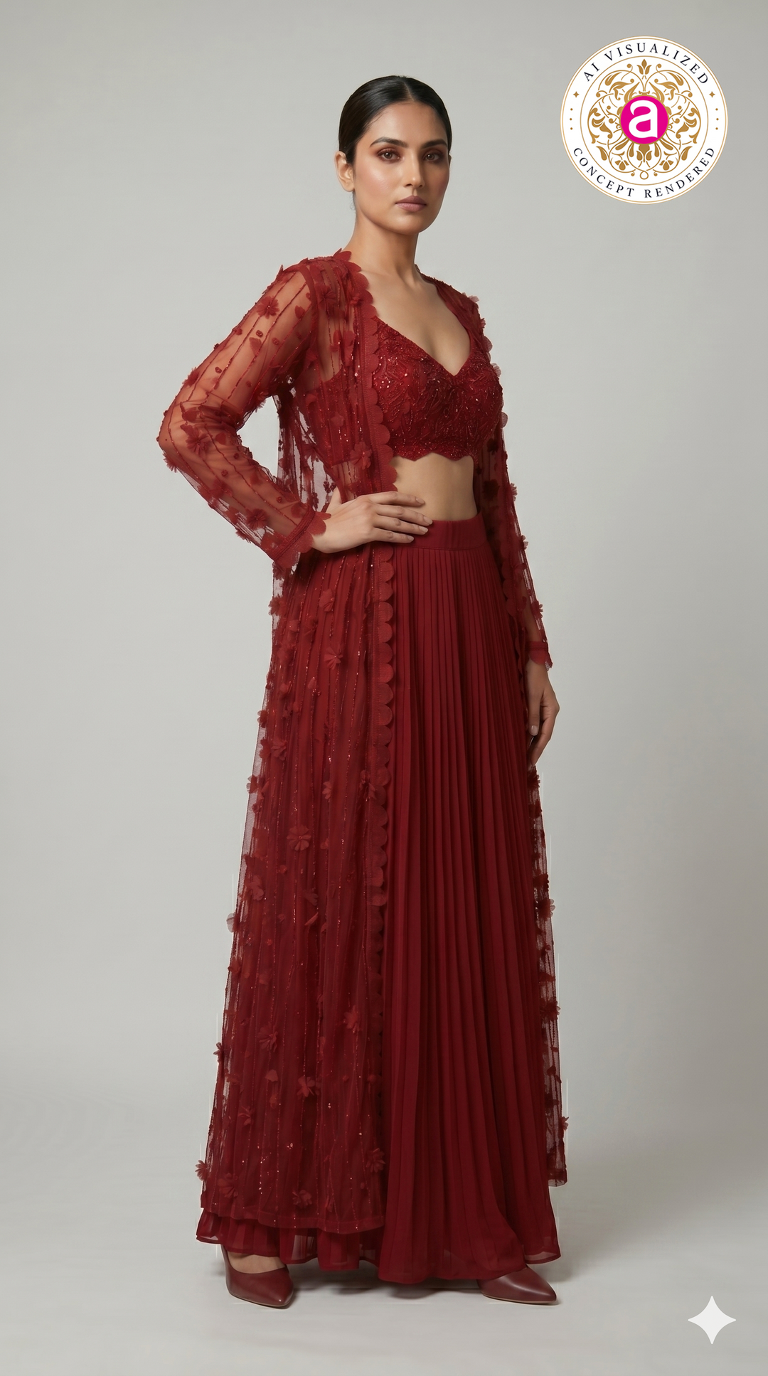 Ruby Red Embroidered Lehenga Set with Sheer Cape Jacket