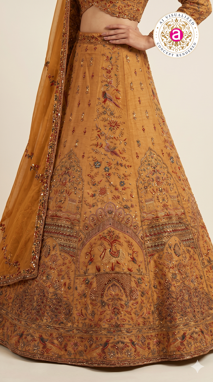 Mustard Gold Heritage Bridal Lehenga Set with Intricate Hand Embroidery & Traditional Motifs