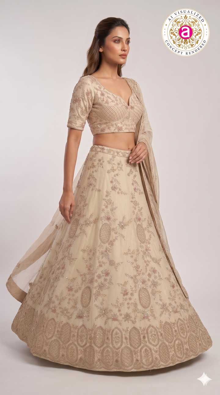 Champagne Beige Designer Embroidered Lehenga Set with Organza Dupatta
