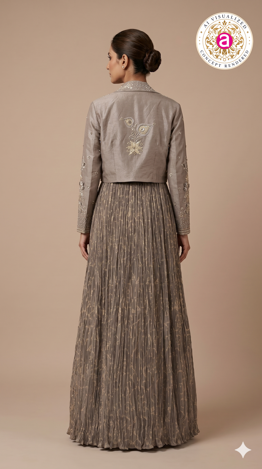 Taupe Embellished Jacket Gown with Metallic Detailing