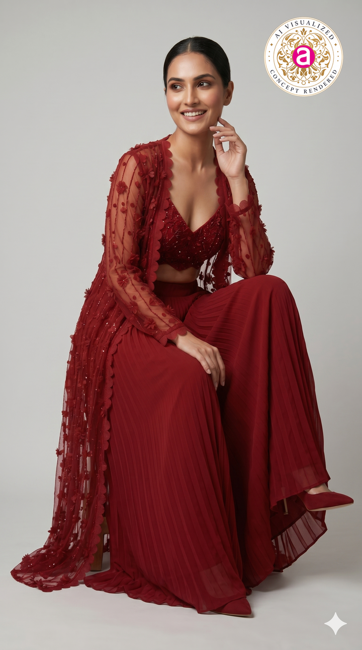 Ruby Red Embroidered Lehenga Set with Sheer Cape Jacket
