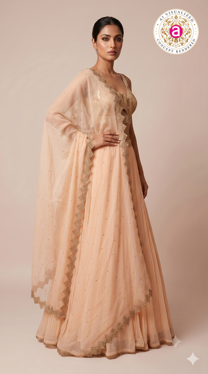 Peach Pleated Lehenga Set with Embroidered Bralette & Organza Dupatta
