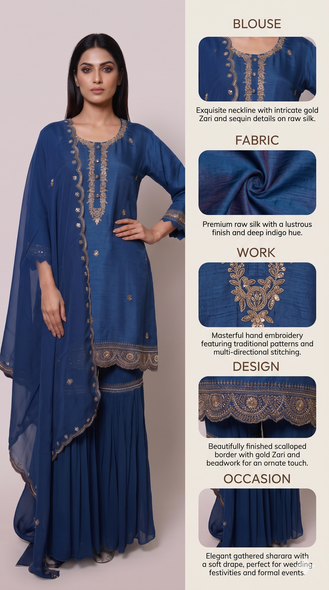 Royal Blue Embroidered Kurta Sharara Set with Dupatta